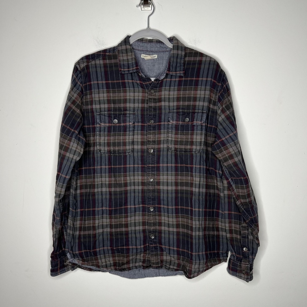 Carbon2Cobalt Shirt Mens Medium Blue Gray Red Plaid Button Up Long Sleeve Cotton